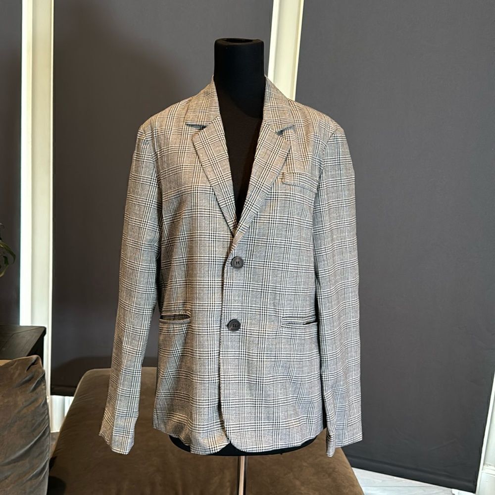 Men’s Black & White Plaid Jacket Sports Coat 2 Button Notched Lapel Size 38